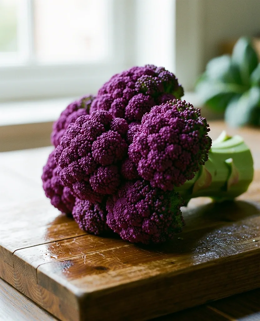 Close-up of fresh seasonal purple sprouting broccoli
